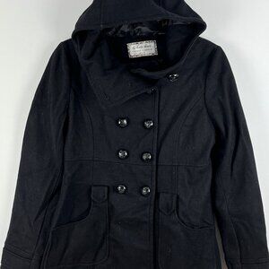 Vintage Glamour by Louie Louie Pea Coat Size M Black Double Breasted Hooded Line